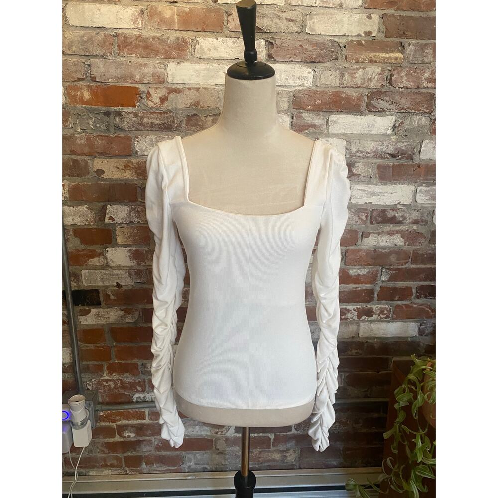 Elodie White Ribbed Square Neck Long Scrunch Sleeve Top Size M